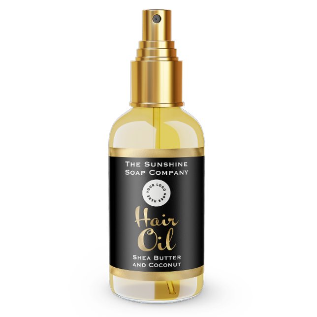 Adesivo Retangular Rótulo da garrafa de óleo de cabelo preto e dourad (Criador carregado)