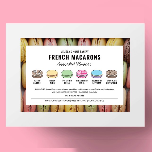 Adesivo Retangular Rótulo de Aromatizantes Associados a Macarons com  (Assorted Macaron Flavors Product Label with macarons clipart which allow you to edit all colors)