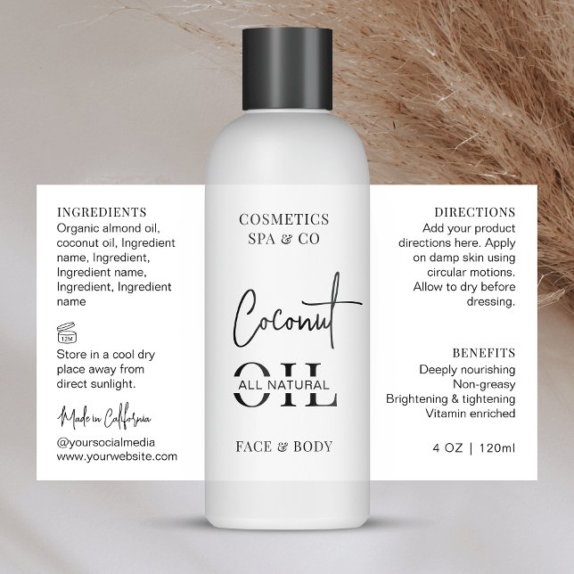 Adesivo Retangular Rótulo de Frasco Cosmético de 4 OZ preto e branco  (Modern skincare product label with space for your product ingredients and brand info)