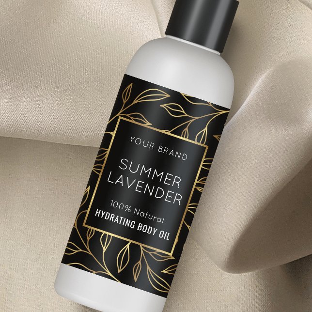Adesivo Retangular Rótulo de Frasco Cosmético de 4 OZ, Preto e Dourad (Elegant black and gold botanical design skincare bottle wraparound label template)