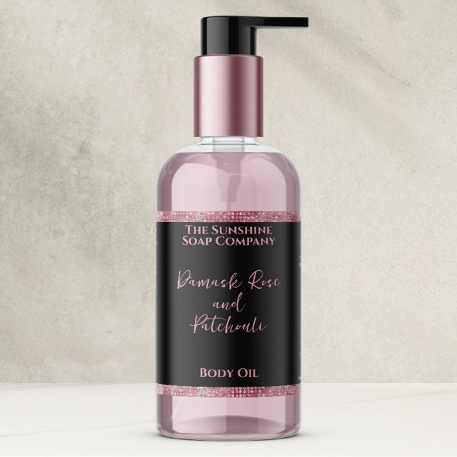 Adesivo Retangular Rótulo de Frasco de Cosméticos Preto e Brilho Rosa (Criador carregado)