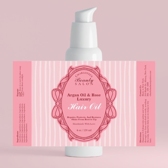Adesivo Retangular Rótulo de Frasco de Óleo de Beleza com Arco Rosa (Pink Bow Frame Beauty Oil Bottle Label)