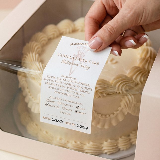 Adesivo Retangular Rótulo de Ingredientes e Alergia Alimentar de Pada (Piping Bag Bakery Ingredients & Allergy Food Label)