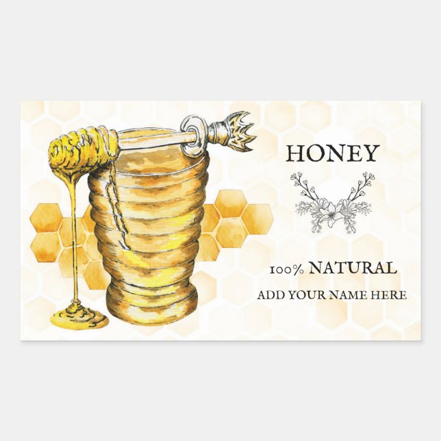 Adesivo Retangular Rótulo de Mel Amarelo e bege pálido (Frente)