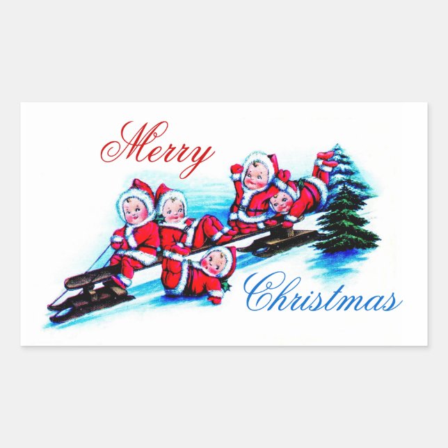 Adesivo Retangular Rótulo de Natal feliz - Elves Dormindo na Neve (Frente)
