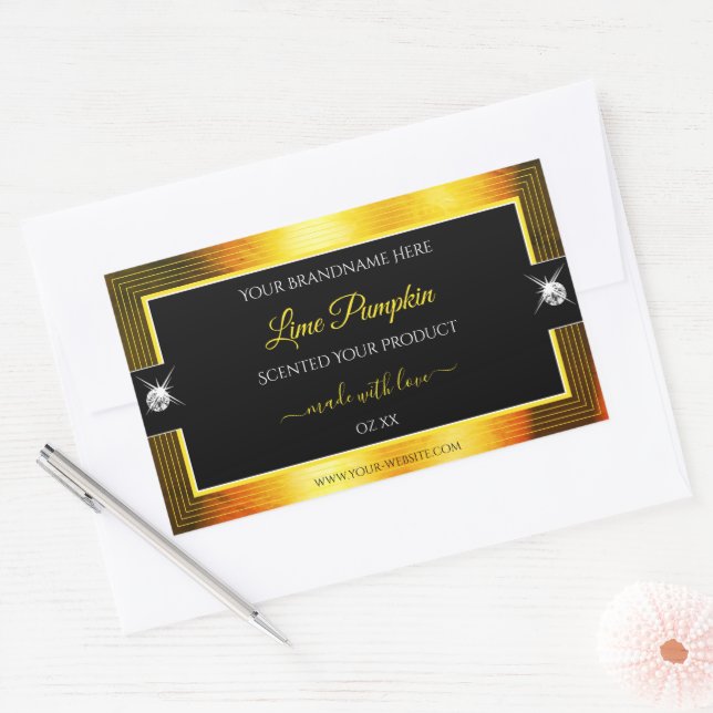 Adesivo Retangular Rótulo de Produto Brilhantes Laranja de Ouro Negro (Envelope)