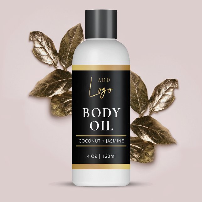 Adesivo Retangular Rótulo do Frasco Cosmético do Óleo de Corpo Preto  (Elevate your cosmetic bottles with this black and gold product ingredients sticker)
