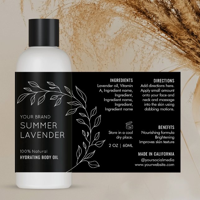 Adesivo Retangular Rótulo do Frasco Cosmético Mínimo Floral 4 OZ 120  (Modern black and white botanical design 4 OZ cosmo bottle label *verify size to ensure a good fit*)