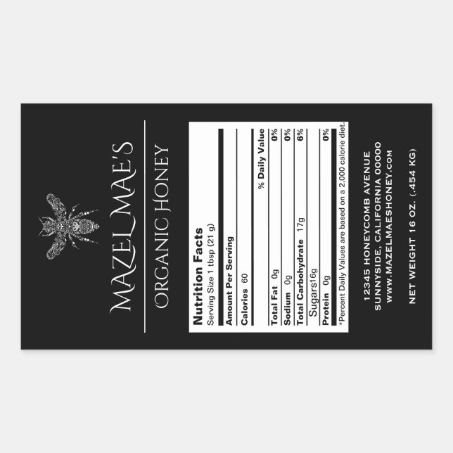 Adesivo Retangular Rótulos de Nutrição de Mel caseiros Personalizados (Frente)