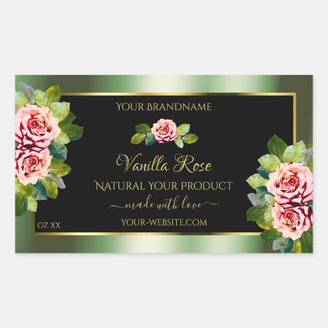 Adesivo Retangular Rótulos de produto Dourado preto verde-floral Rótu (Frente)