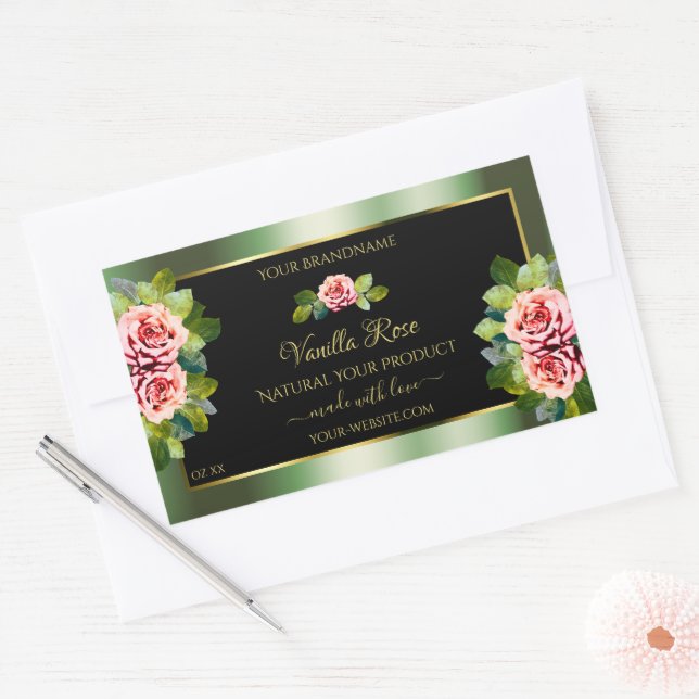 Adesivo Retangular Rótulos de produto Dourado preto verde-floral Rótu (Envelope)
