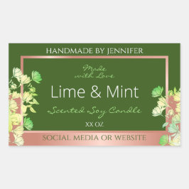 Adesivo Retangular Rótulos de Produto Floral Verde Florestal com Rosa