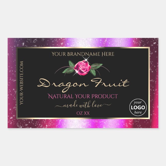 Adesivo Retangular Rótulos de produto preto brilhante rosa com logoti (Frente)