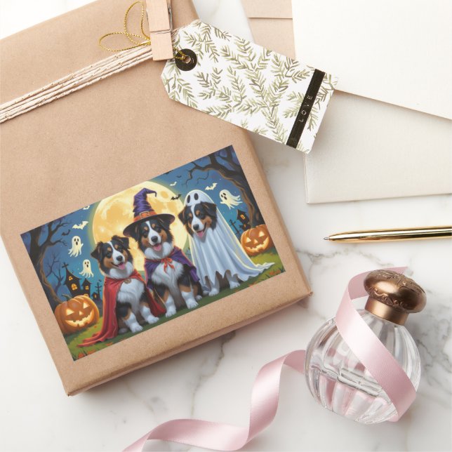 Adesivo Retangular Rough Collie Dogs Pumpkin Halloween Engraçado (Presentear)