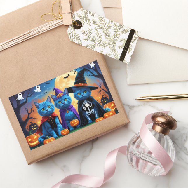 Adesivo Retangular Russo Blue Cats Pumpkin Halloween Engraçado (Presentear)