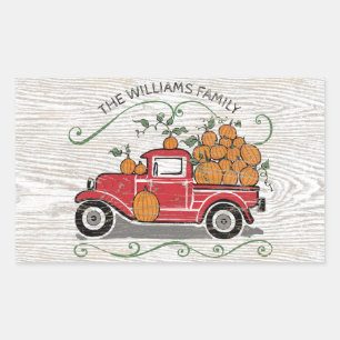 Adesivo Retangular Rustic Vintage Red Truck Pumpkins Nome da Família