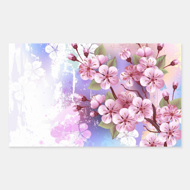 Adesivo Retangular Sakura rosa no fundo da pintura (Frente)