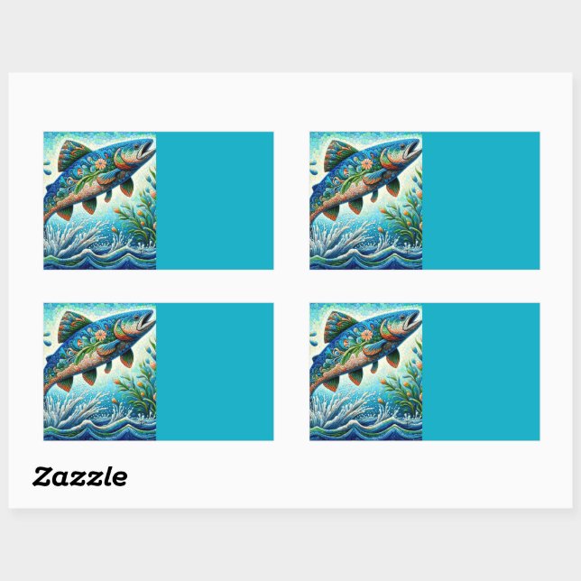 Adesivo Retangular Salmão Jumping Mosaico Floral Azul Pêssego Verde (Folha)