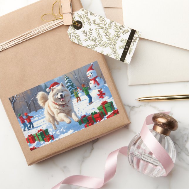 Adesivo Retangular Samoyed Correndo na Neve com Chapéu de Natal (Presentear)