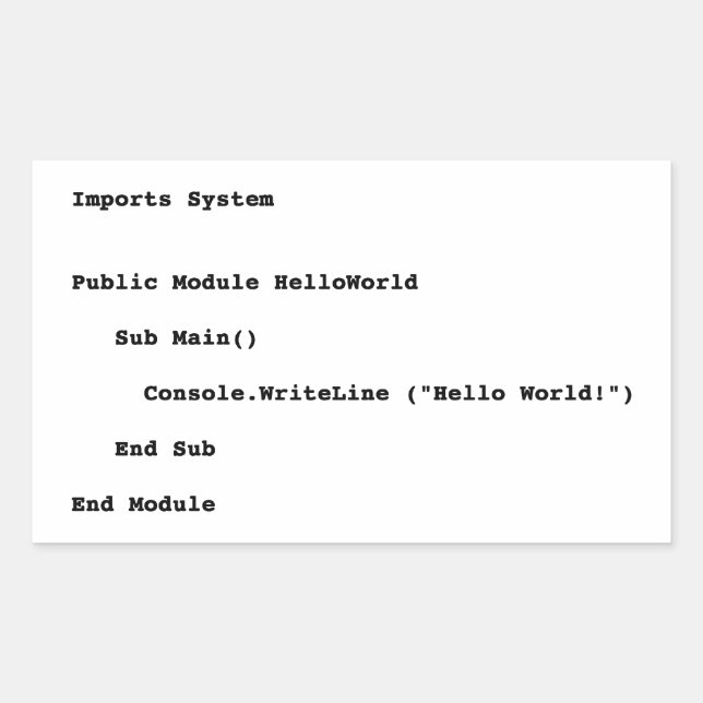 Adesivo Retangular Saudação Mundial do Visual Basic Hello (Frente)