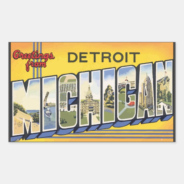 Adesivo Retangular Saudações De Detroit Michigan, Vintage (Frente)