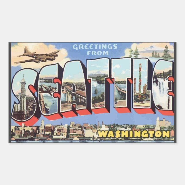 Adesivo Retangular Saudações De Seattle Washington, Vintage (Frente)