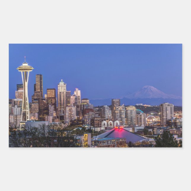 Adesivo Retangular Seattle, Downtown e Mt. Rainier ao Crepúsculo (Frente)