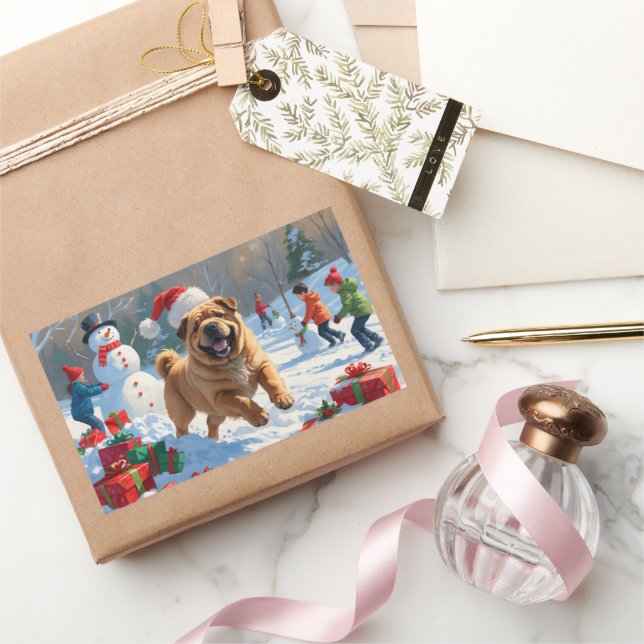 Adesivo Retangular Shar Pei Correndo na Neve com Chapéu de Natal (Presentear)