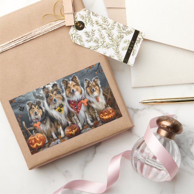 Adesivo Retangular Shetland Sheepdog Halloween Spooky (Presentear)