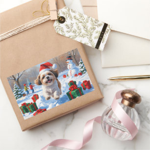 Adesivo Retangular Shih Tzu correndo em neve com chapéu de Natal