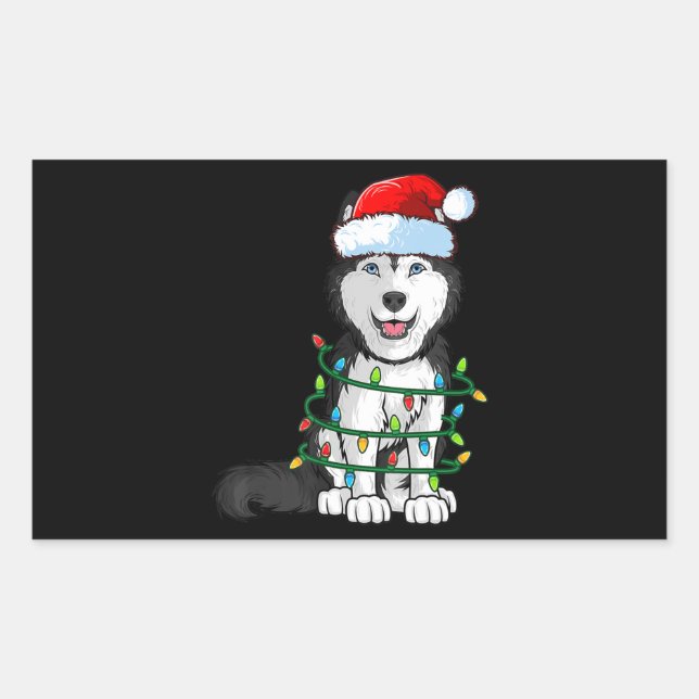 Adesivo Retangular Siberian Husky Christmas Santa Hat Xmas Lights Dog (Frente)