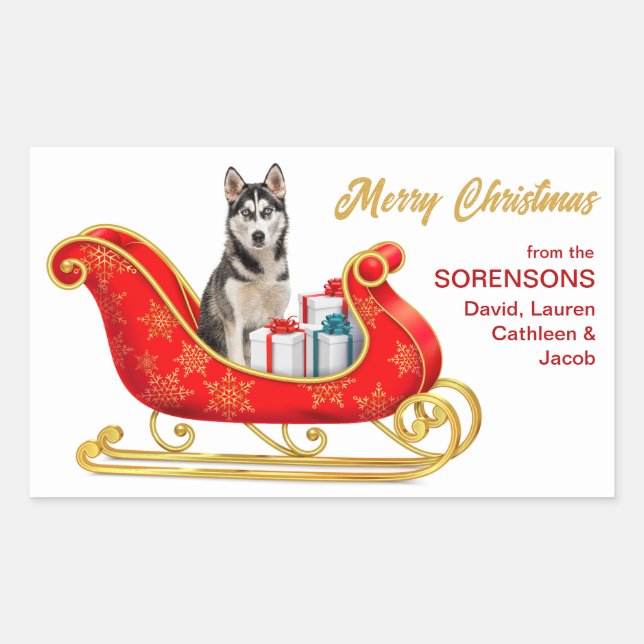 Adesivo Retangular Siberian Husky Dog Christmas Sleigh (Frente)