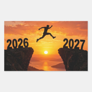 Adesivo Retangular Silhueta de Ano Novo 2027 Saltando um Penhasco