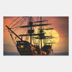 Adesivo Retangular Silhueta Épica do Navio Pirata Pôr do Sol Lua Gran