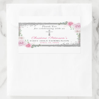 Adesivo Retangular Silver Pink Floral Primeira Comunhão Sagrada, Obri