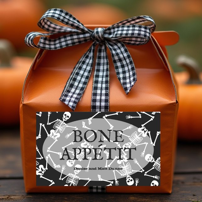 Adesivo Retangular Skeletons BONE APPÉTIT (BONE APPÉTIT personalized rectangular black stickers with dancing skeletons)