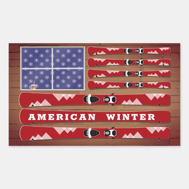 Adesivo Retangular Skis e Snowflakes USA Flag com Wood Wall (Frente)