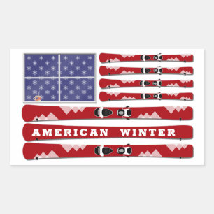 Adesivo Retangular Skis e Snowflakes USA Flag para o inverno