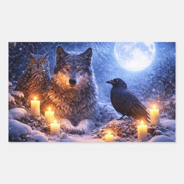 Adesivo Retangular Solstício de Inverno Lobo Coruja e Corvo Místico (Frente)