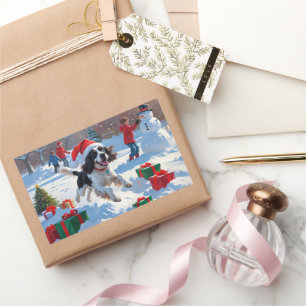 Adesivo Retangular Springer Spaniel Correndo Neve com Chapéu de Natal
