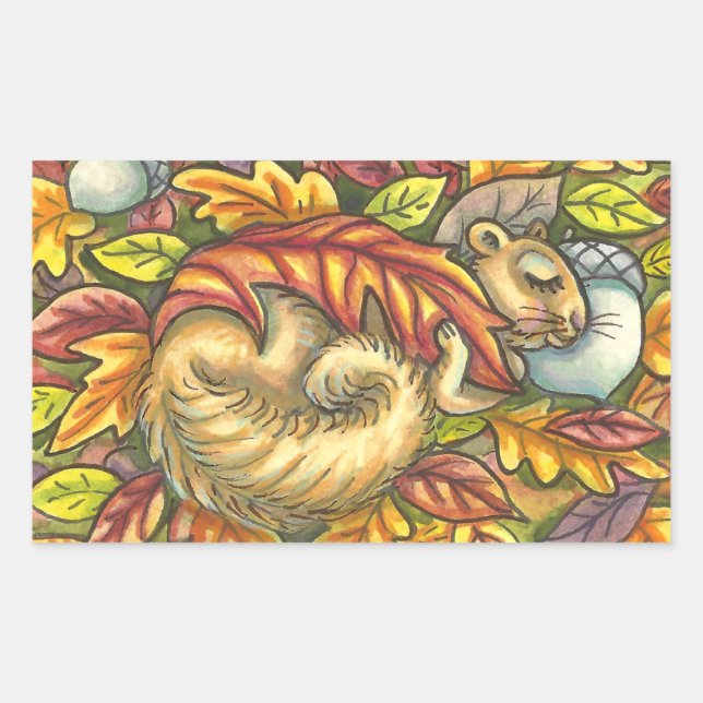 ADESIVO RETANGULAR SQUIRREL DORMINDO SOB FOLHAS DO OUTONO, SAZONAL (Frente)