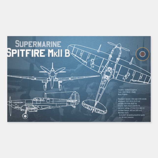 Adesivo Retangular Supermarinho Spitfire MK II Blueprint (Frente)