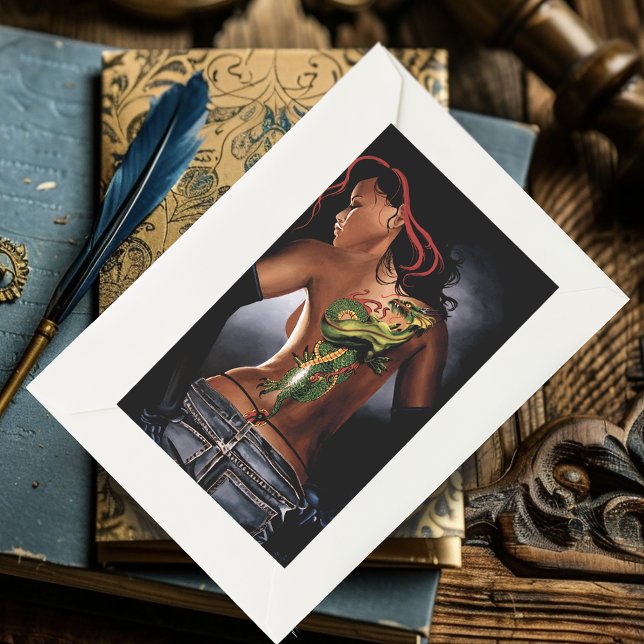 Adesivo Retangular Tatuagem de mulher com dragão em fantasia ousada (Criador carregado)