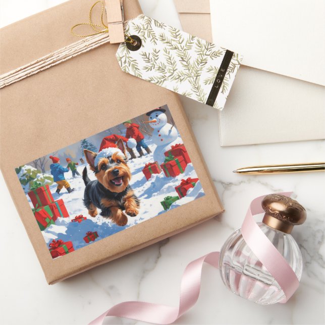 Adesivo Retangular Terrier escocês correndo neve com chapéu de Natal (Presentear)