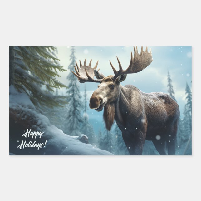 Adesivo Retangular Texto personalizado Moose de inverno (Frente)