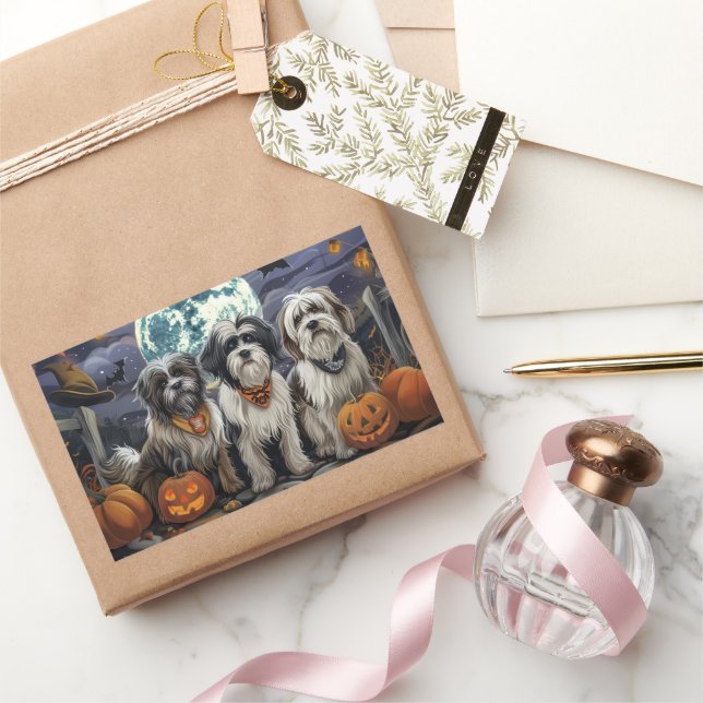 Adesivo Retangular Tibetan Terrier Halloween Assustador (Presentear)
