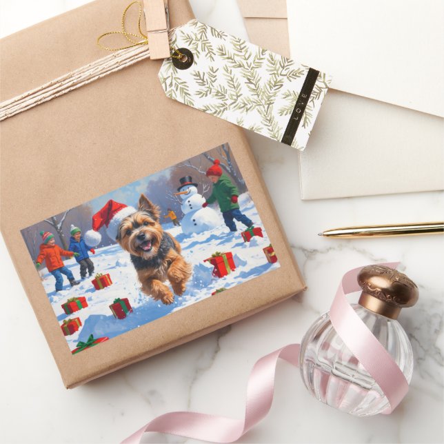 Adesivo Retangular Tibetano - Terrier correndo em neve com chapéu de  (Presentear)