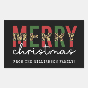 Adesivo Retangular Tipografia de Impressão Leopardo de Natal Moderno