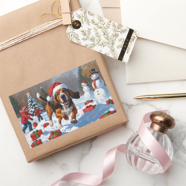 Adesivo Retangular Treeing Walker Coonhound Neve com Chapéu de Natal (Presentear)