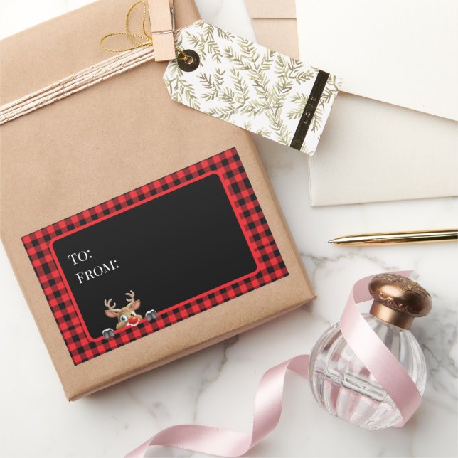 Adesivo Retangular Trendy Red Black Buffalo Cheque com Reindeer (Presentear)